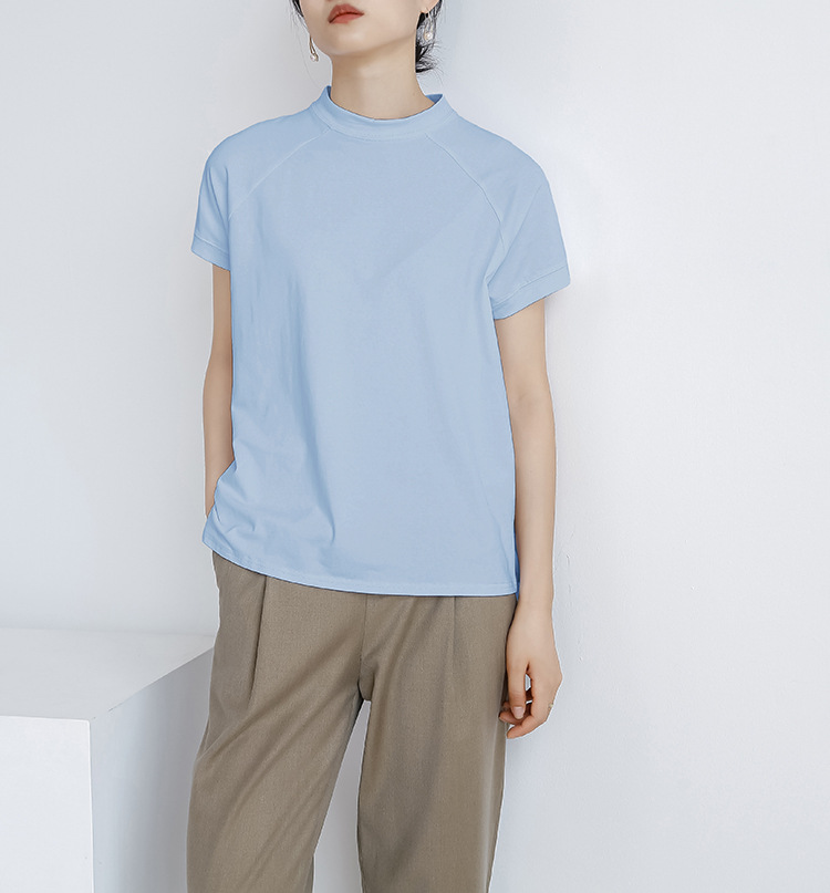 Summer Cotton Solid Color Short Sleeve Women T Shirt French Pullover Women Side Slit