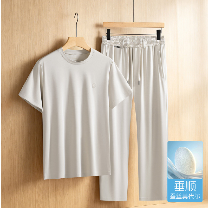 Summer short-sleeve suit for men, casual mulberry silk modal blend, cool, for middle-aged dads, men's long pants