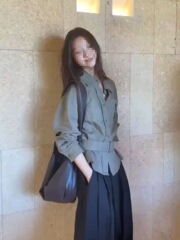 韩系设计感军绿色衬衫休闲长裤套装小众收腰显瘦气质两件套女