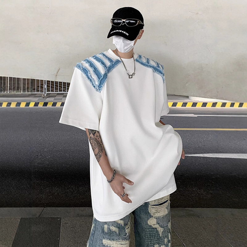 Summer Niche Denim Shoulder Design Men's Loose Short-Sleeve T-Shirt Trendy American Style Cool Top