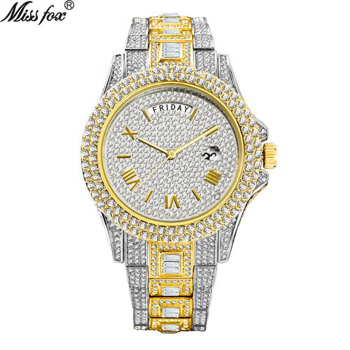 MISSFOX watch foreign trade hot-selling fashion high-end dual calendar business full diamond English men's watch hiphop