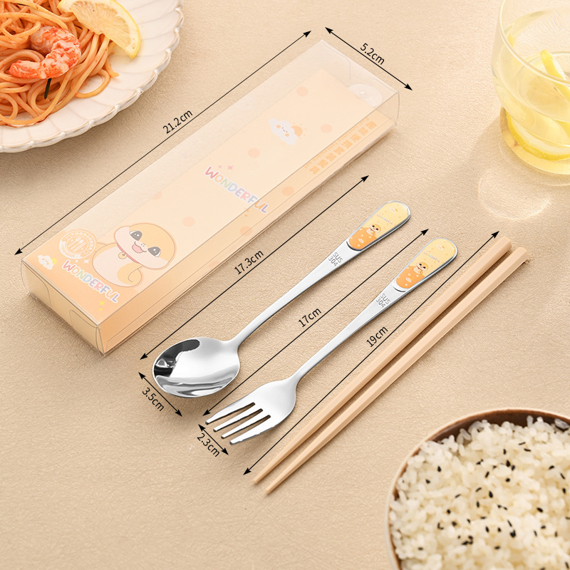 304ステンレス携帯食器かわいいアニメ子供食器学生箸スプーンフォーク食器3点セット|undefined