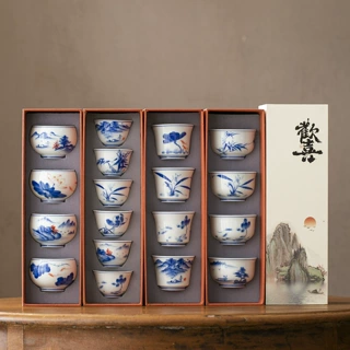 青花瓷手绘茶杯6只套装釉下彩陶瓷主人杯品茗杯礼盒伴手送礼茶具
