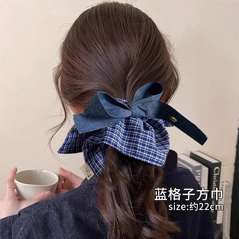 气质牛仔~韩系蝴蝶结格子方巾大肠发圈女高级感方形发饰头绳春夏|undefined