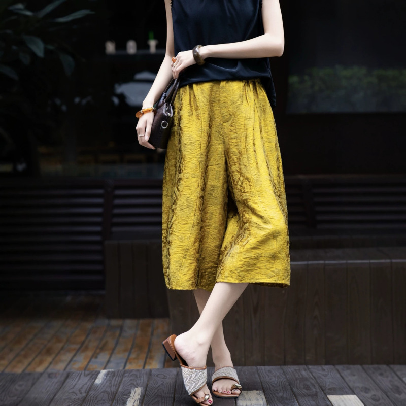 4-Color Popular New Chinese-Style Tencel Blend Jacquard Elastic Waist 6-Point Pants 2026 Summer Loose Sports Casual Pants for Women