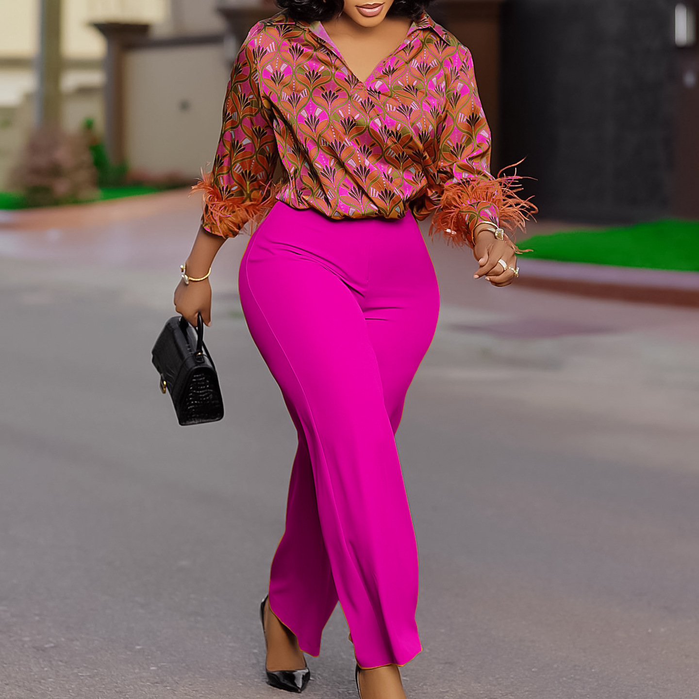 D541 European And American Women's Clothing Independent Site Printed Long-sleeve Shirt, Elegant Wide-leg Pants,_voghion.com