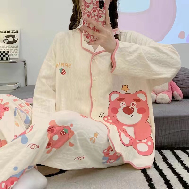 INS estilo Pijamas Mujer primavera y otoño cardigan manga larga dulce dibujos animados suelta más tamaño princesa estilo delgado homewear
