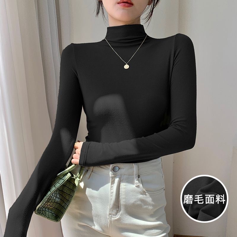 2026 otoño y invierno nuevo medio cuello de terciopelo negro camiseta de base femenina coreana gruesa camiseta de manga larga de doble cara image 1