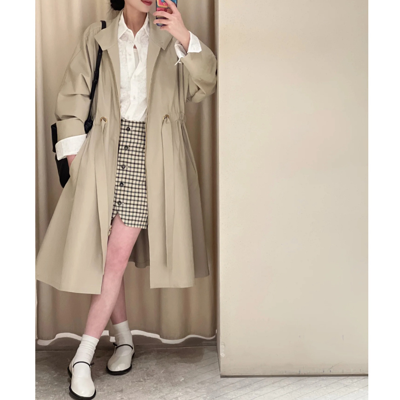 in stock Xiaohefeng Spring and Autumn Mid-length Loose Drawstring Collar Casual Simple Mid-length Coat for Women
