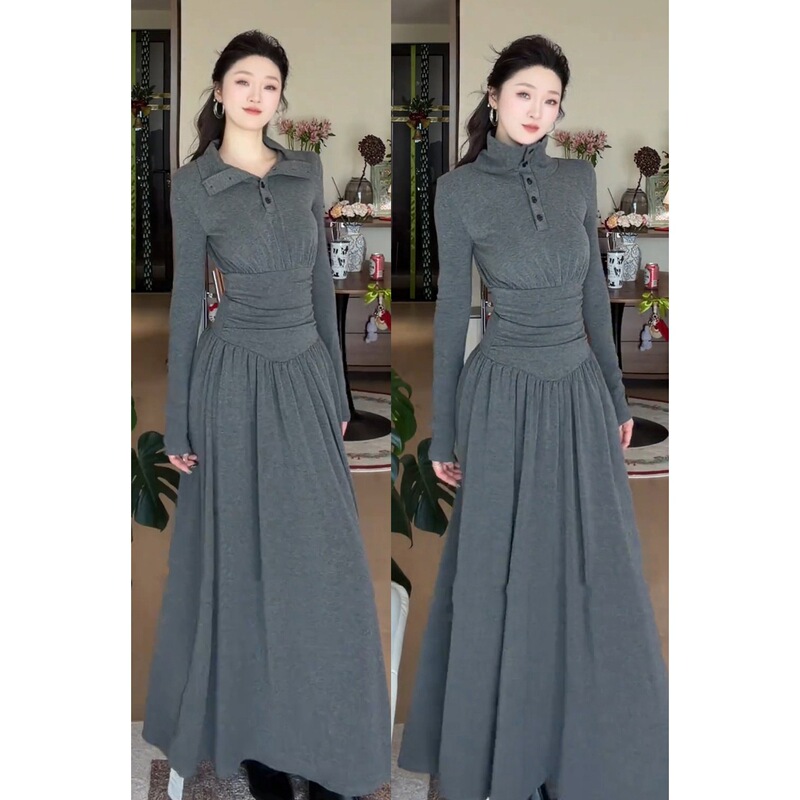 2026 new model gray high-neck solid color inner dress for women, early autumn high-end A-line waist-cinching slimming long dress 2026 new model gray high-neck solid color inner dress for women, early autumn high-end A-line waist-cinching slimming long dress