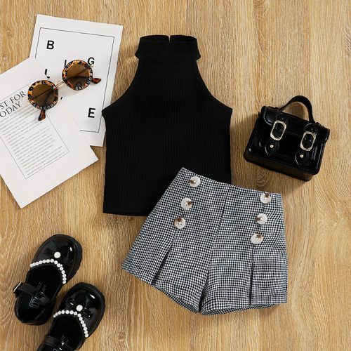 Baoxin Children's Clothes Summer Girls' Halter Vest Houndstooth Shorts British Two-piece Suit