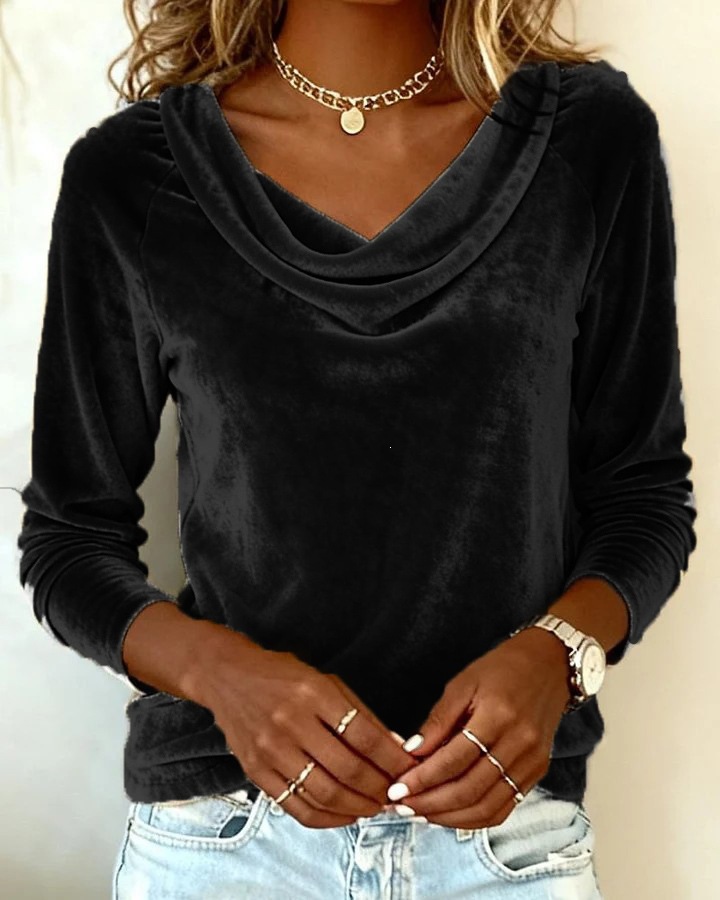 Women's Clothing Velvet Cowl Neck Long Sleeve T-Shirt, Elegant Solid Color Top For Casual And Evening Wear_ecoleips.com