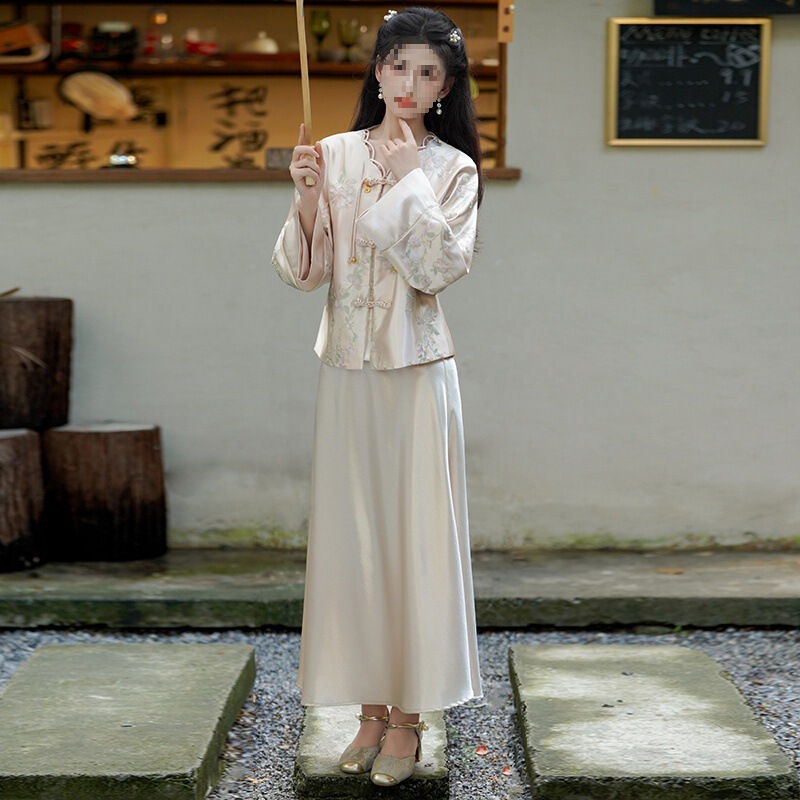 New Chinese-Style Women's Hanfu National Style Suit, Improved Retro Satin Diagonal Placket with Heavy Embroidery Long-Sleeve Two-Piece Set