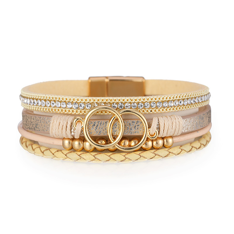 2022 Cross-border New Leather Bracelet Eight-ring Design Gold Bead Accessories Hand-woven Leather Jewelry
