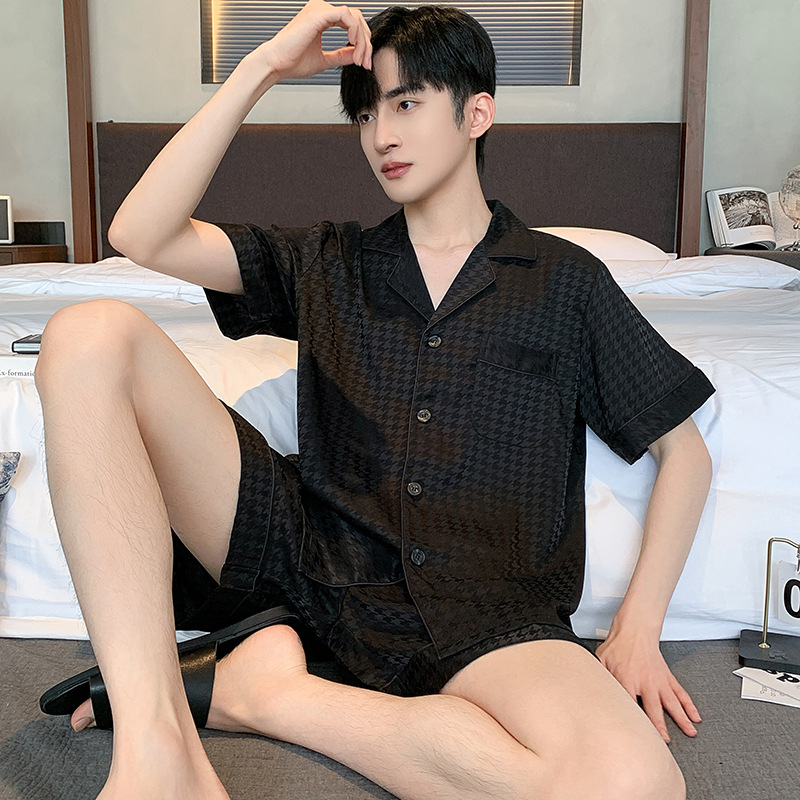 Satin Jacquard Houndstooth Men's Pajamas Summer Short-sleeved Cardigan Men's Thin Ice Silk Outwear Loose Household