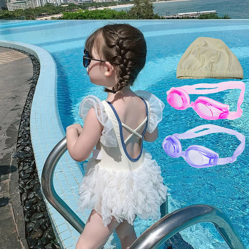 Niña trajes de baño beige con gorras de baño + gorras de baño + gafas de baño
