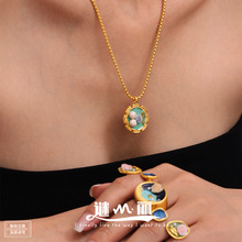 谜丽彩色油画风花朵珍珠戒指轻奢设计感项链女宫廷风钛钢首饰套装