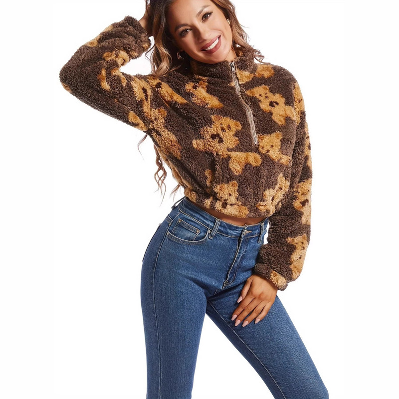 Cross-Border Amazon Autumn and Winter Women's Cartoon Bear Plush Thickened Half-Zip Fluffy Sweatshirt