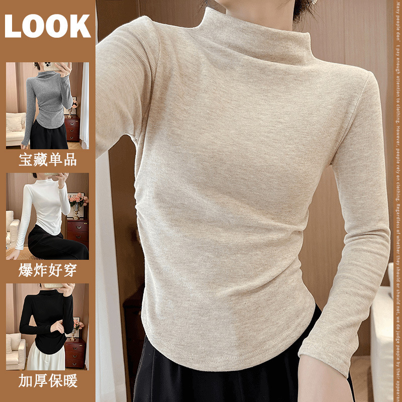 Yizixin Half-High Collar Glutinous Velvet Fleece-Lined Base Shirt for Women, Suitable for Layering in Autumn and Winter, Warm, Slim-Fit, Pleated Long Sleeves