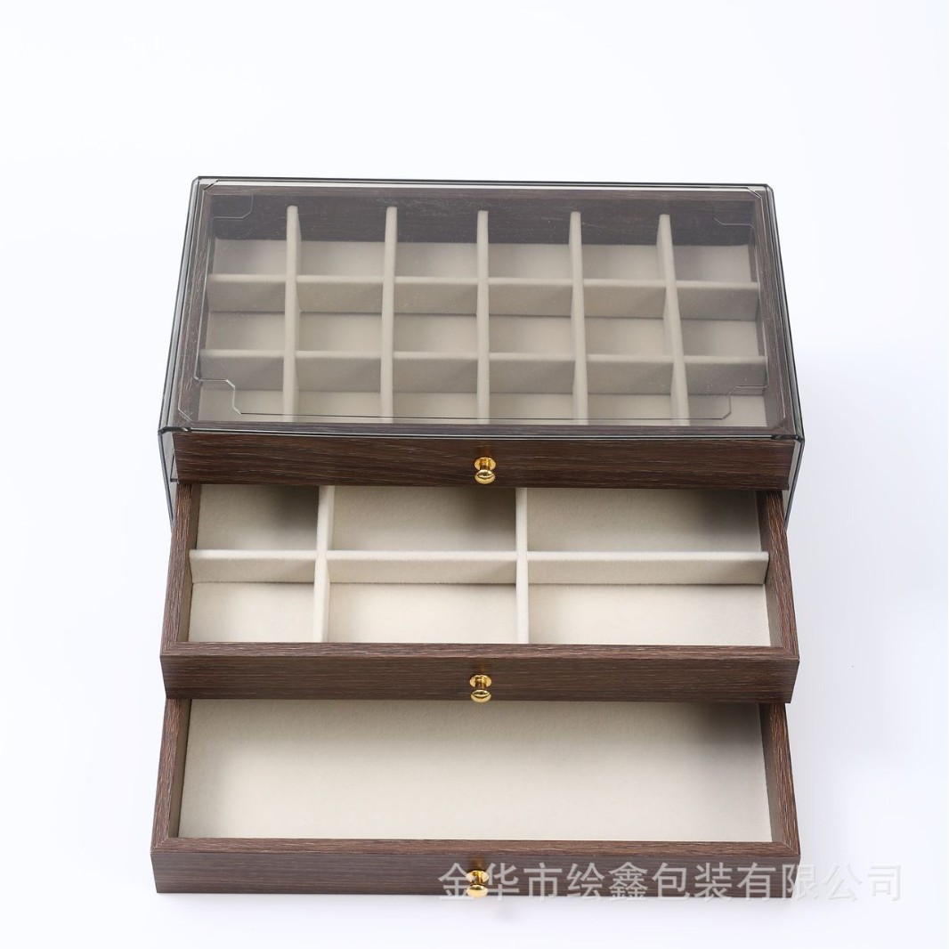 现货批发三层胡桃木纹首饰盒透明防尘饰品盒抽屉绒布盒家居展示盒