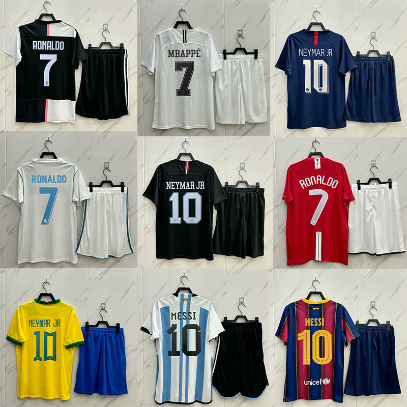 Wholesale Paris Jerseys Neymar Mbappe Real Madrid C. Ronaldo Barcelona Messi Brazil Retro Football Uniform Set