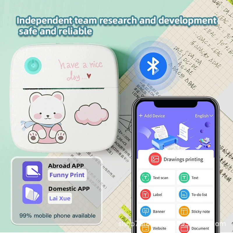 Карманный фото термопринтер, Bluetooth, 200 dpi, бумага 57×30 мм, батарея 1200 mAh
