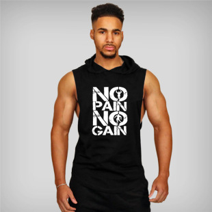 Fitness vest men's hooded clothes rolled iron waistcoat I-character training clothes sports loose sleeveless shirt