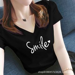 太ったMMの新型春秋韓国版vネックゆるい半袖tシャツ女子学生カジュアルシャツ