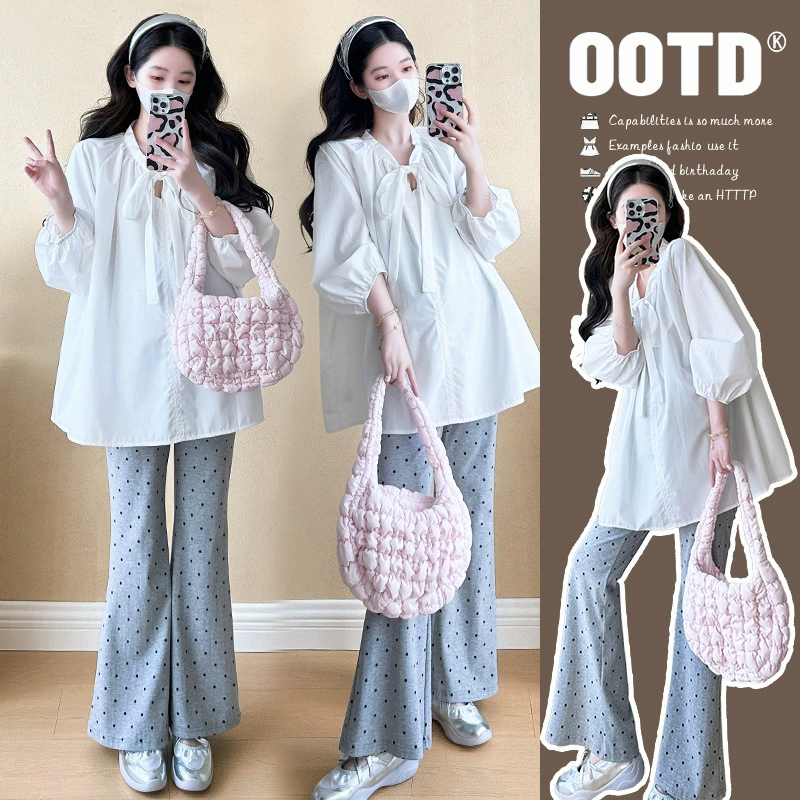Реальный спот ~ Ранняя осень корейская мода свободный лук с длинными рукавами топ волновой точки расклешенные брюки