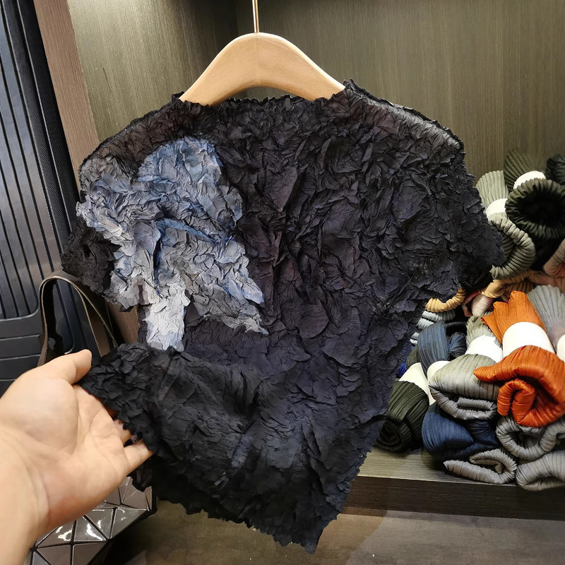 Summer New Simple Printed Pleated Top Women's Half Turtleneck Pullover Short-Sleeved Slim Women's T-Shirt Bottoming Shirt