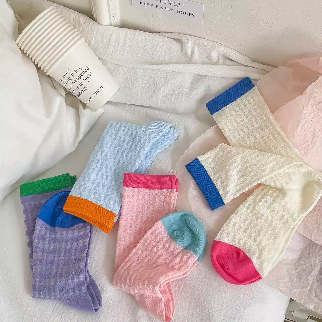 襪子女多巴胺穿搭女夏彩虹系拼接褶皺襪透氣吸汗美少女卡絲長筒襪