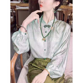 真丝绿色桑蚕丝上衣女2024早春新款复古提花盘扣新中式长袖衬衫