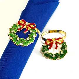 跨境新品欧美圣诞节餐巾扣镶钻花环餐桌摆件 金属餐巾环厂家批发