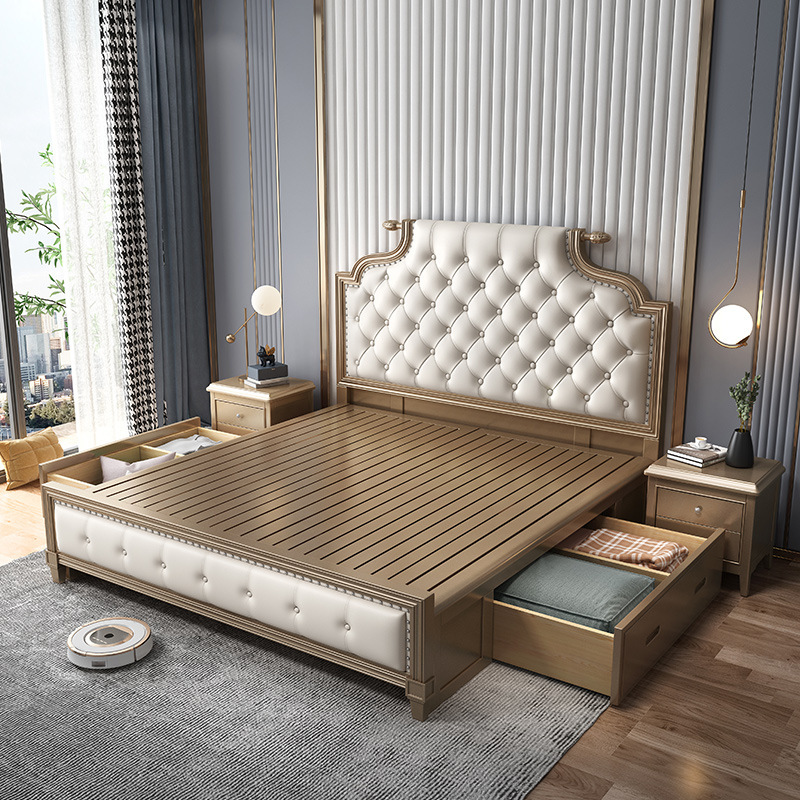 European-Style Solid Wood Double Bed 1.8m Upholstered Princess Bed 2m American-Style Wedding Bed with Storage for Master Bedroom, Light Luxury