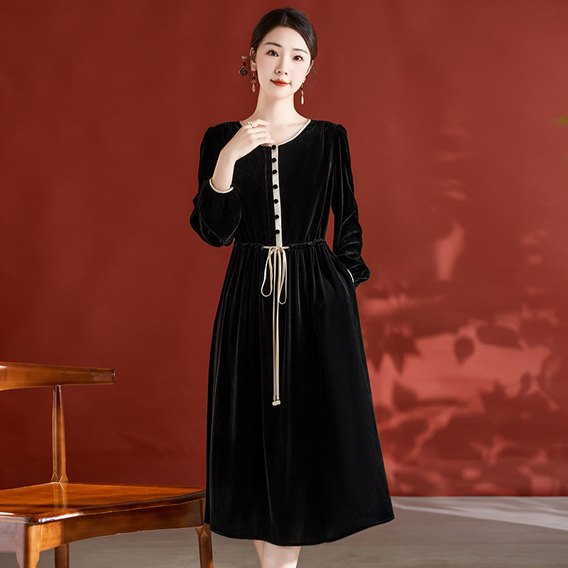 Ink Painting Original High-End Retro Silk Velvet Dress for Women, Elegant and Slimming Long-Sleeve A-Line Dress 5928