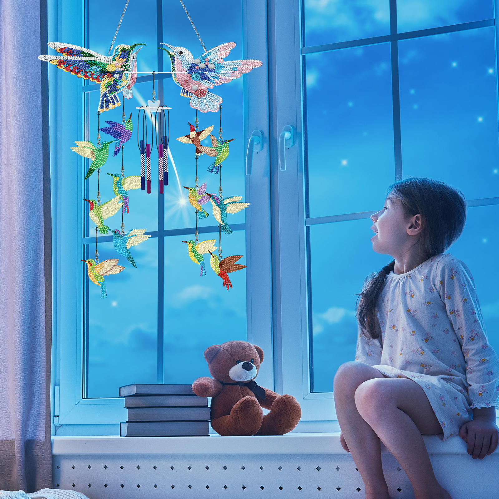 Accesorios para pintura de diamantes: decoraciones colgantes de campanas de viento con flores y pájaros, atrapasueños estilo INS, adornos de pintura de diamantes para muebles.