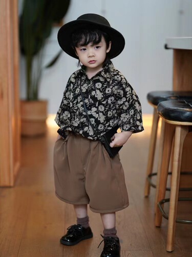 Parent-child clothing summer new loose retro Hong Kong style design niche flower shirt handsome casual shirt boys' clothing