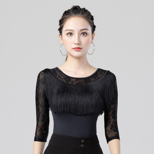 Latin dance tops for women, new bright color practice clothes, jumpsuits, autumn and winter tassels, national standard modern dance clothes, performance clothes
