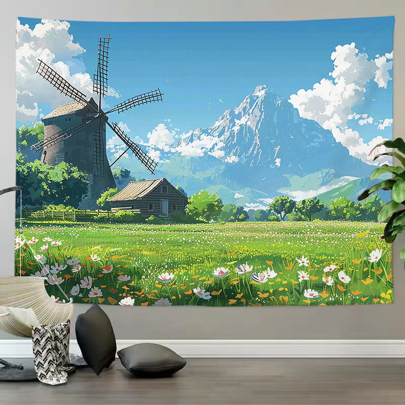 床头挂布ins自然风景布客厅布置水墨山水装饰布出租屋墙面遮丑