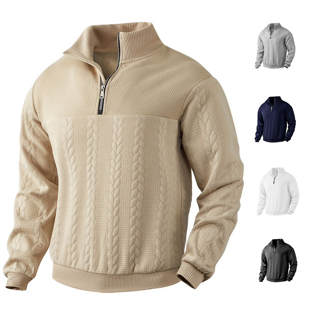 boy Cross-Border European And American Men's Knitted Jacquard Zipper Stand Collar Pullover Sweatshirt Autumn Winter Long_voghion.com