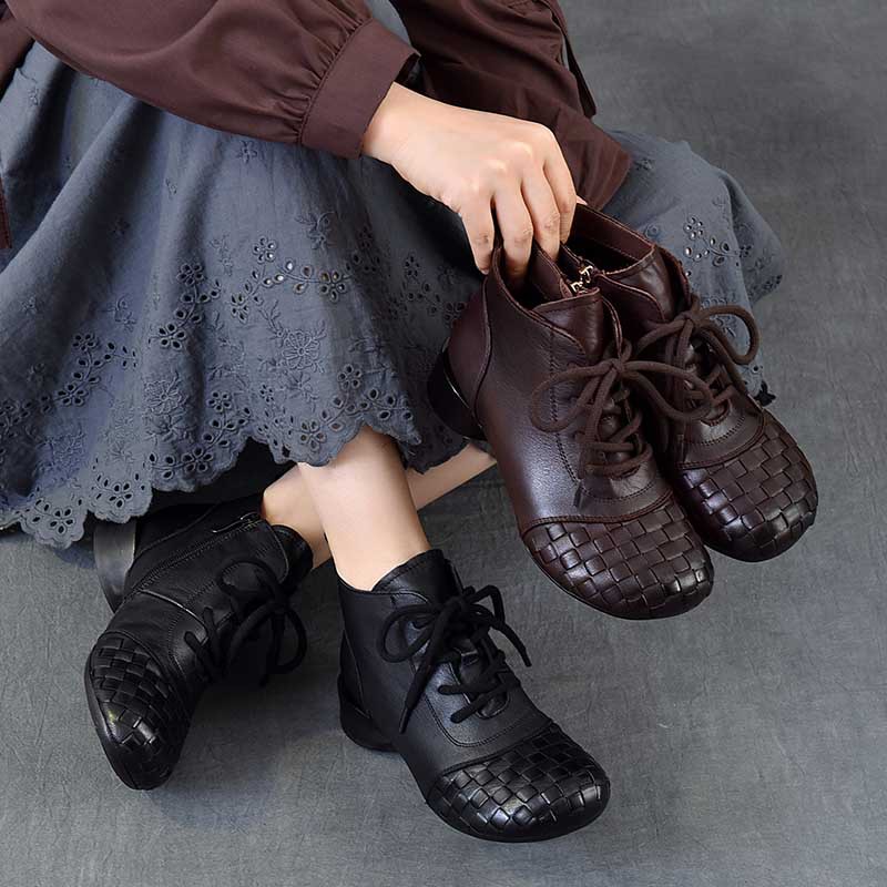 以一 Демисезонные кожаные плетеные короткие сапоги, ретро ботинки, из натуральной кожи, мягкая подошва