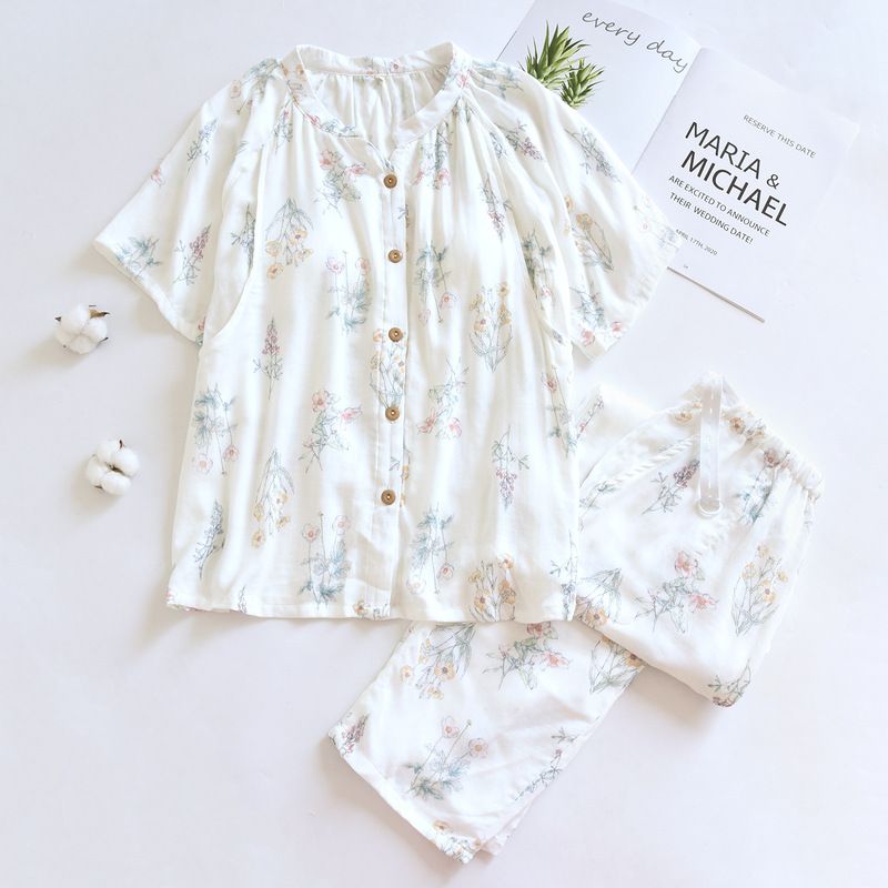 Bamboo Fiber Short-Sleeve Long Pants Maternity Set with Chest Pads, Nursing Pajamas, Spring and Summer Double-Layer Bamboo Cotton Gauze Short-Sleeve Thin Bamboo Fiber Short-Sleeve Long Pants Maternity Set with Chest Pads, Nursing Pajamas, Spring and Summer Double-Layer Bamboo Cotton Gauze Short-Sleeve Thin
