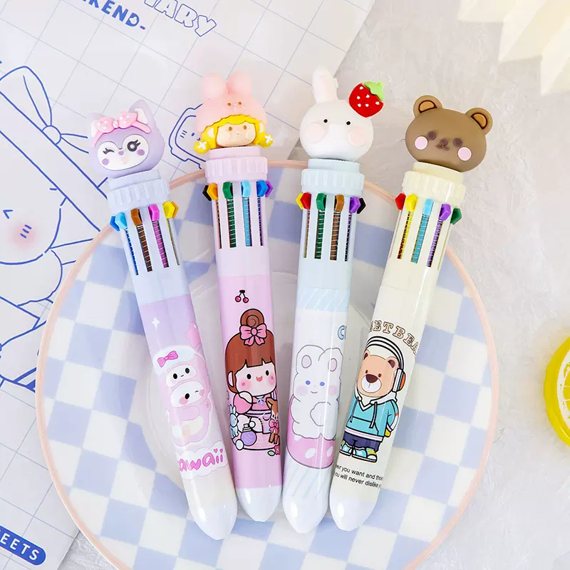 卡通高颜值按动十色圆珠笔学生文具手帐彩色笔多功能十合一多色笔