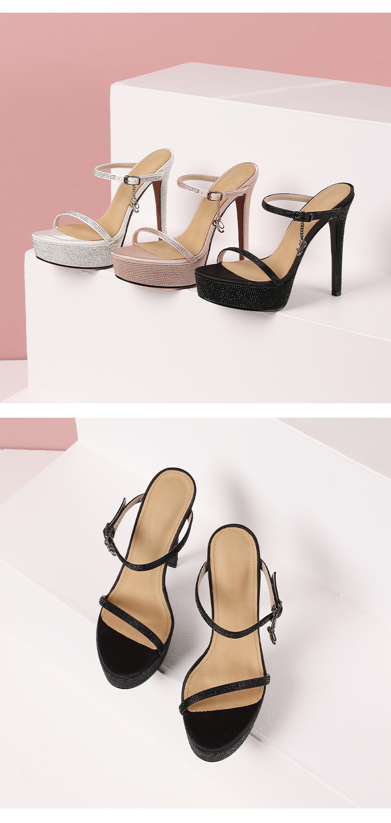 Sandal cao gót nữ hở mũi da thật đế platform đính đá gót 13 cm — Màu rượu sâm banh (13cm) chi tiết 7