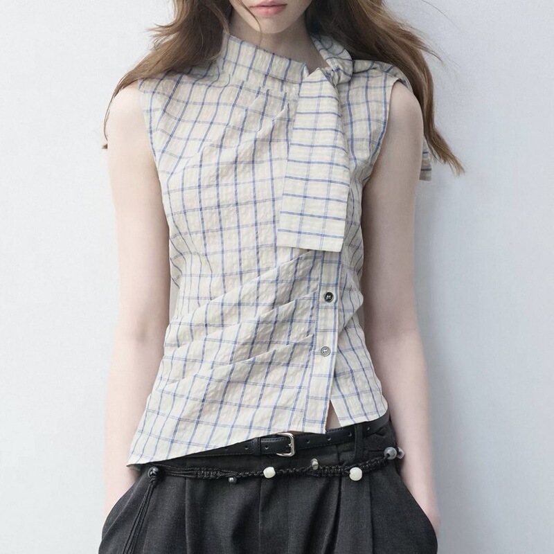American-Style Plaid High-Neck Tie-Waist Top for Women 26Aw New Summer Style Slimming and Elegant Versatile Blouse for Women
