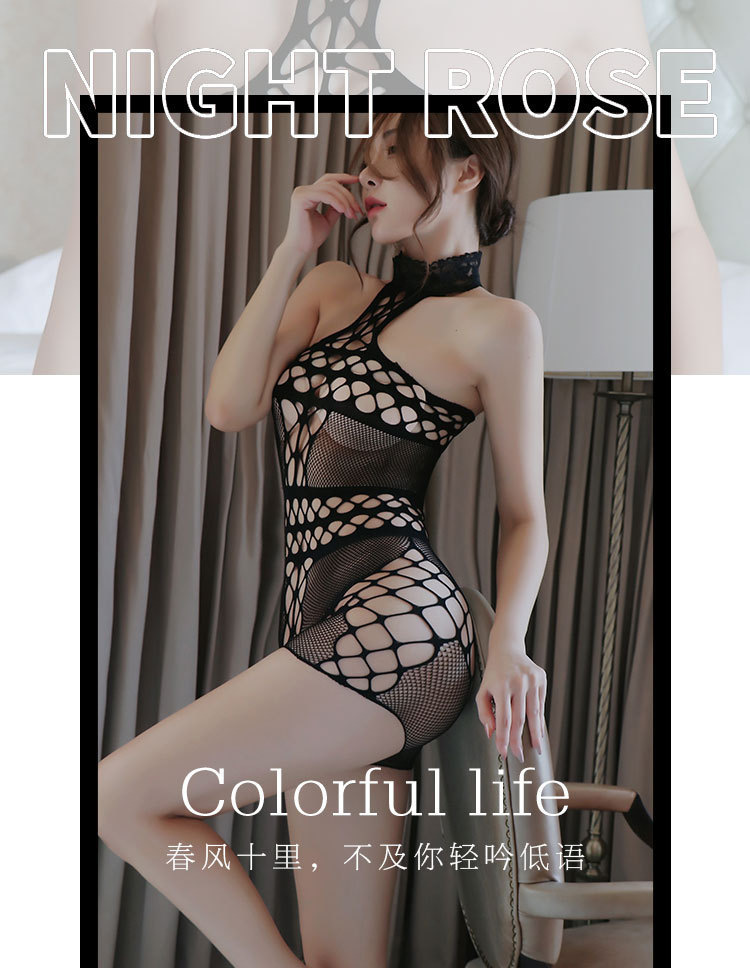 Black Hollow-out Fishnet Lingerie Set, Open-crotch Uniform Style, One Size — detail image 3
