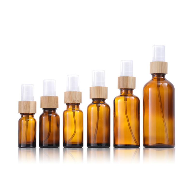 Punto transfronterizo 10-100ml boquilla de bambú botella de spray de vidrio marrón botella de perfume botella de aceite fino botella de tóner
