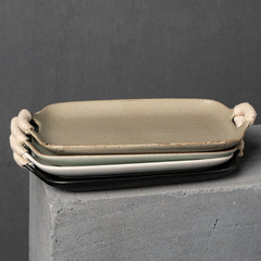 日式餐具網紅陶瓷盤子雙耳粗陶麻繩盤長方形菜盤復古啞光壽司魚盤