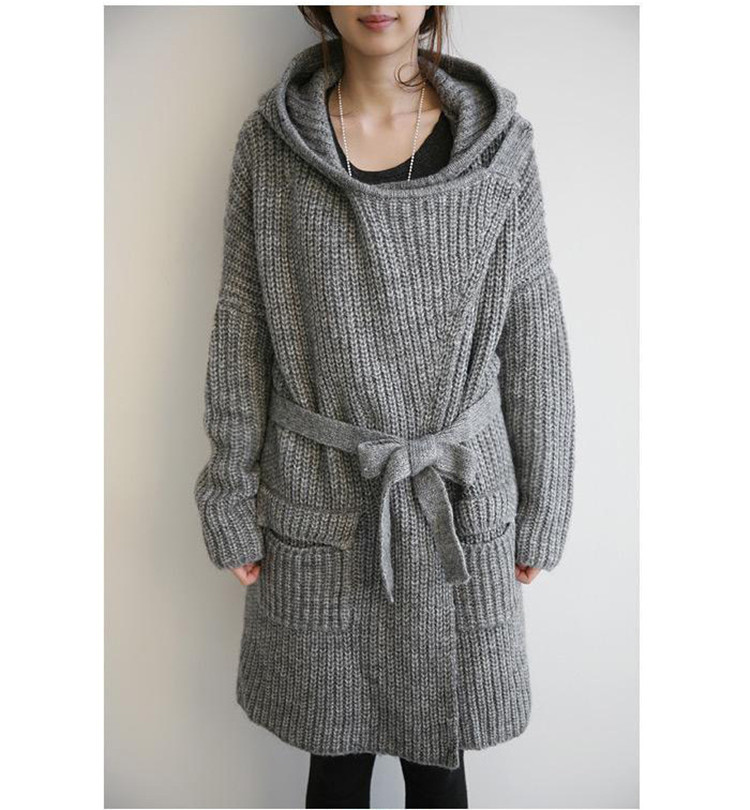 Damen-Cardigan mit Kapuze und Gürtel, locker, mittellang, grob gestrickt_voghion.com