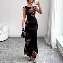 2025新款跨境欧美女士时尚优雅花卉印花无袖圆领褶皱修身长连衣裙